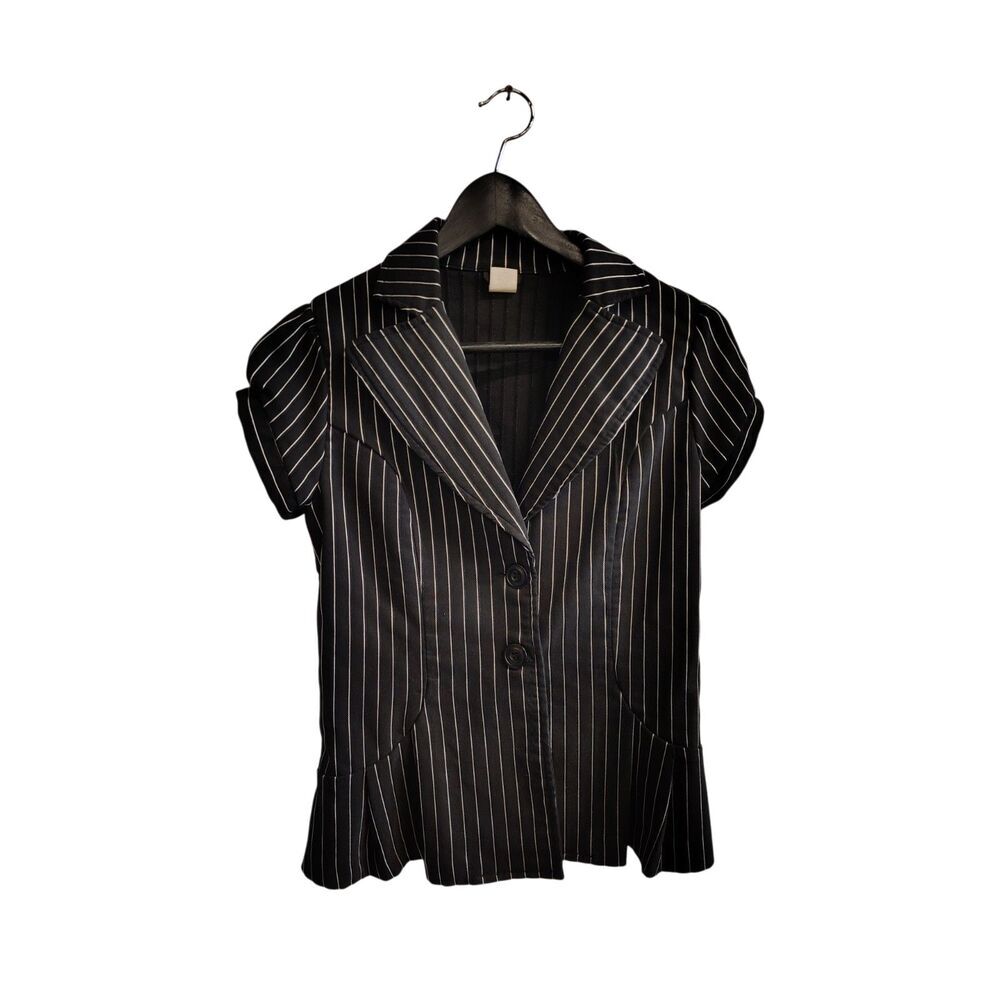 Vanity Small Black White Pinstripe Women's Button-Up Cap Sleeve Blazer